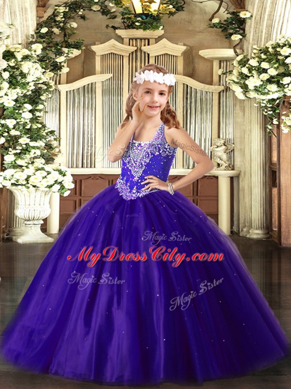 Purple Tulle Lace Up V-neck Sleeveless Floor Length Child Pageant Dress Beading