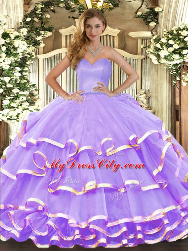 Dynamic Lavender Sweetheart Neckline Ruffled Layers Quinceanera Gown Sleeveless Lace Up