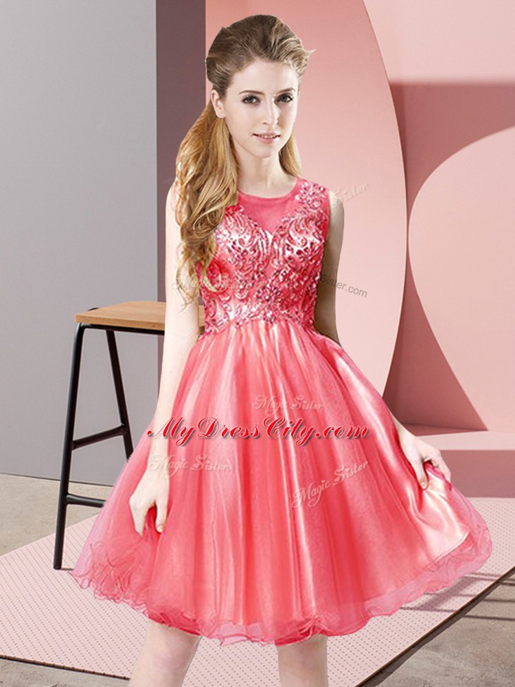 Popular Knee Length A-line Sleeveless Coral Red Prom Party Dress Zipper