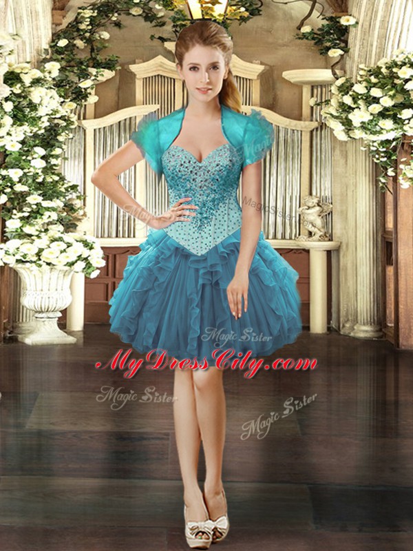 Sweetheart Sleeveless Prom Party Dress Mini Length Beading and Ruffles Teal Organza