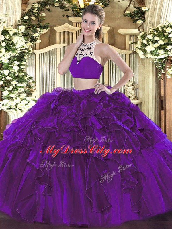 Smart Eggplant Purple Two Pieces High-neck Sleeveless Tulle Floor Length Backless Beading and Ruffles Sweet 16 Dress