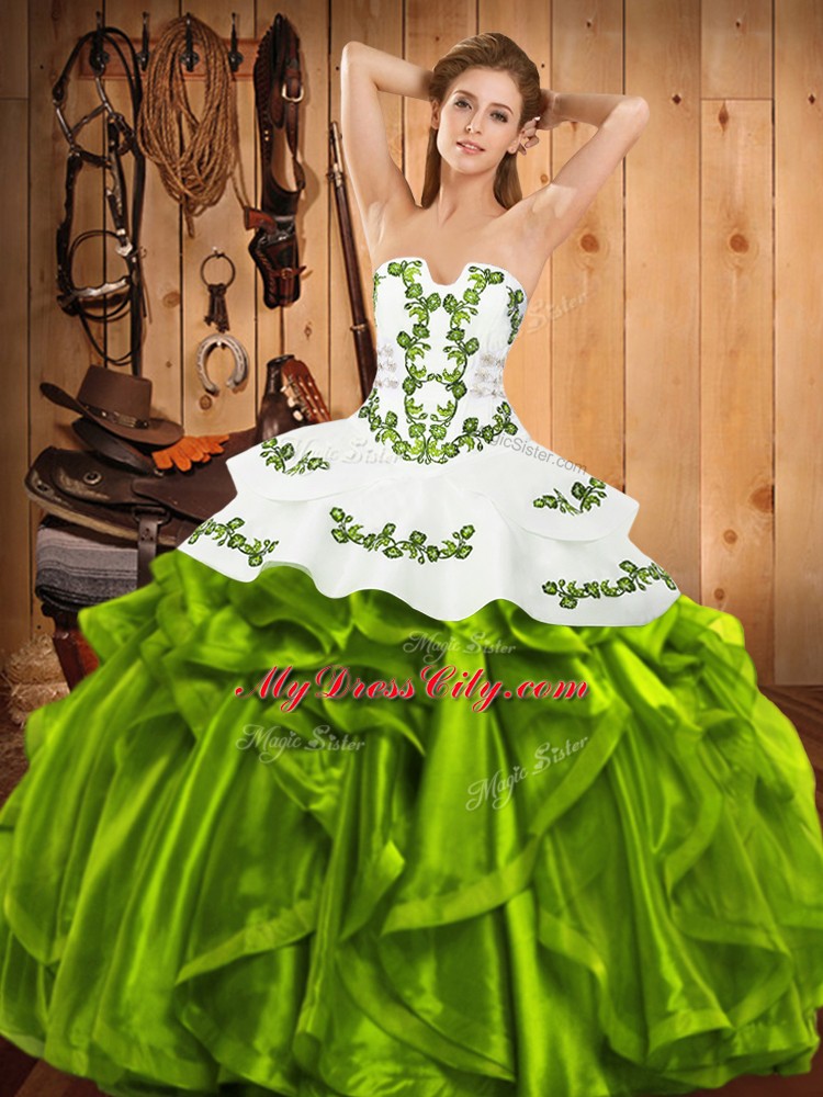 Dramatic Satin and Organza Sleeveless Floor Length 15 Quinceanera Dress and Embroidery and Ruffles