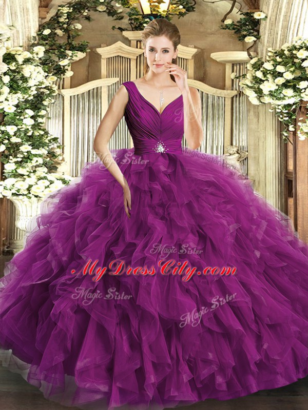 Ball Gowns Quince Ball Gowns Fuchsia V-neck Tulle Sleeveless Floor Length Backless