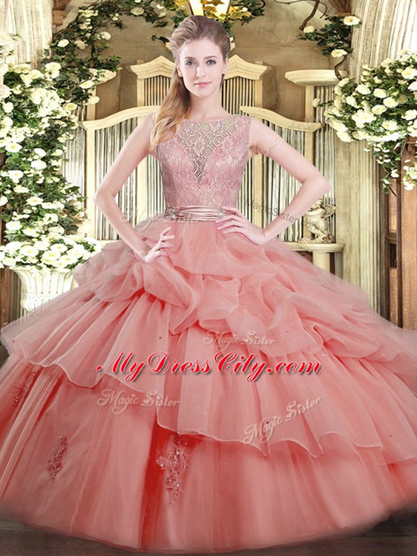 Edgy Watermelon Red Scoop Backless Beading and Ruffled Layers Vestidos de Quinceanera Sleeveless