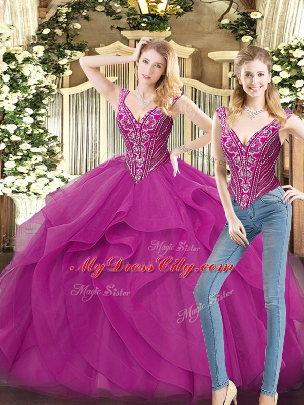 Suitable Fuchsia Lace Up 15th Birthday Dress Beading and Ruffles Sleeveless Floor Length