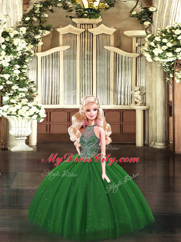 Custom Fit Dark Green Ball Gowns Tulle Halter Top Sleeveless Beading Floor Length Lace Up Quinceanera Gowns