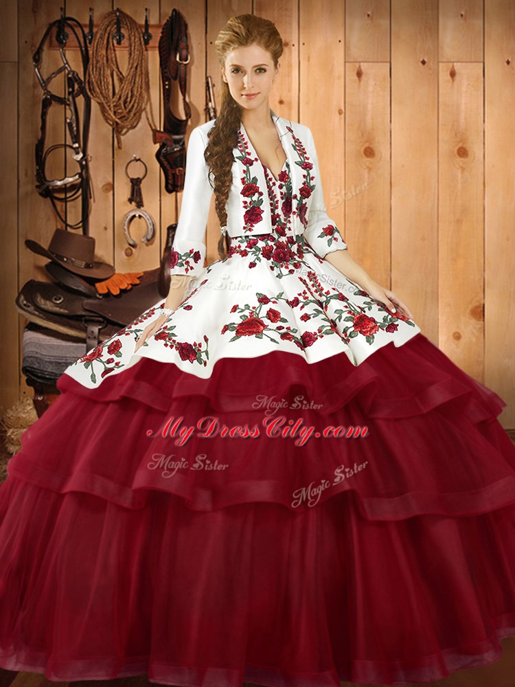 Sweetheart Sleeveless Quince Ball Gowns Sweep Train Embroidery Wine Red Organza