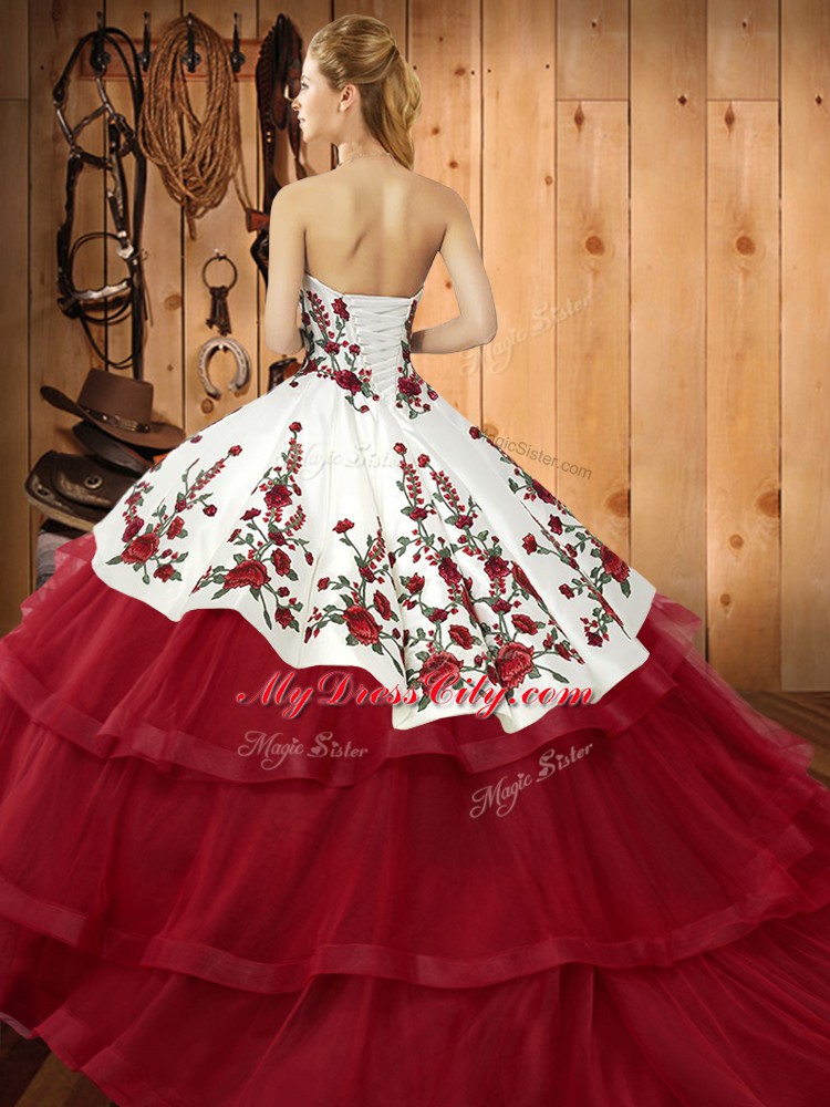 Sweetheart Sleeveless Quince Ball Gowns Sweep Train Embroidery Wine Red Organza