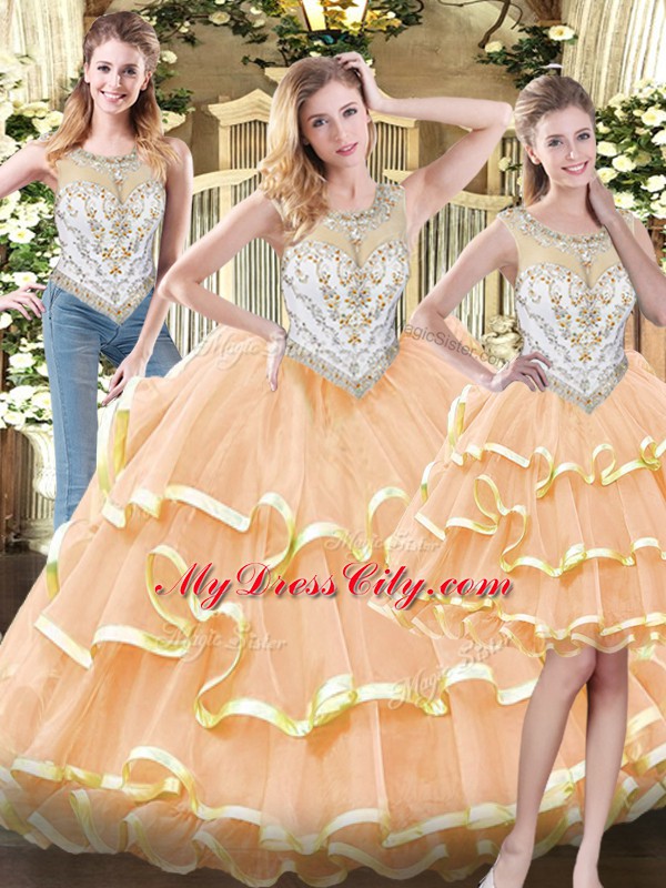 Deluxe Three Pieces Sweet 16 Dresses Peach Scoop Organza Sleeveless Floor Length Zipper