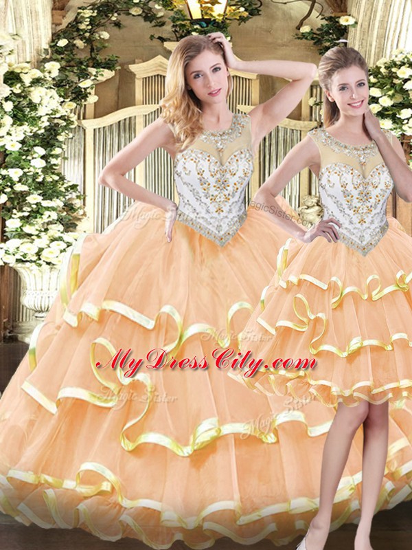 Deluxe Three Pieces Sweet 16 Dresses Peach Scoop Organza Sleeveless Floor Length Zipper