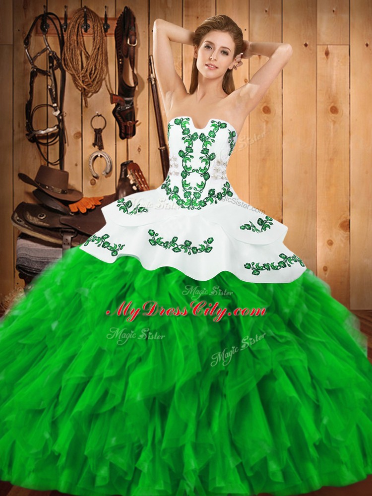 Glittering Floor Length Green 15 Quinceanera Dress Satin and Organza Sleeveless Embroidery and Ruffles