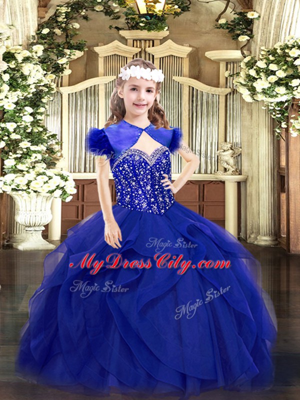 Royal Blue Sleeveless Tulle Lace Up Pageant Dress for Party and Quinceanera