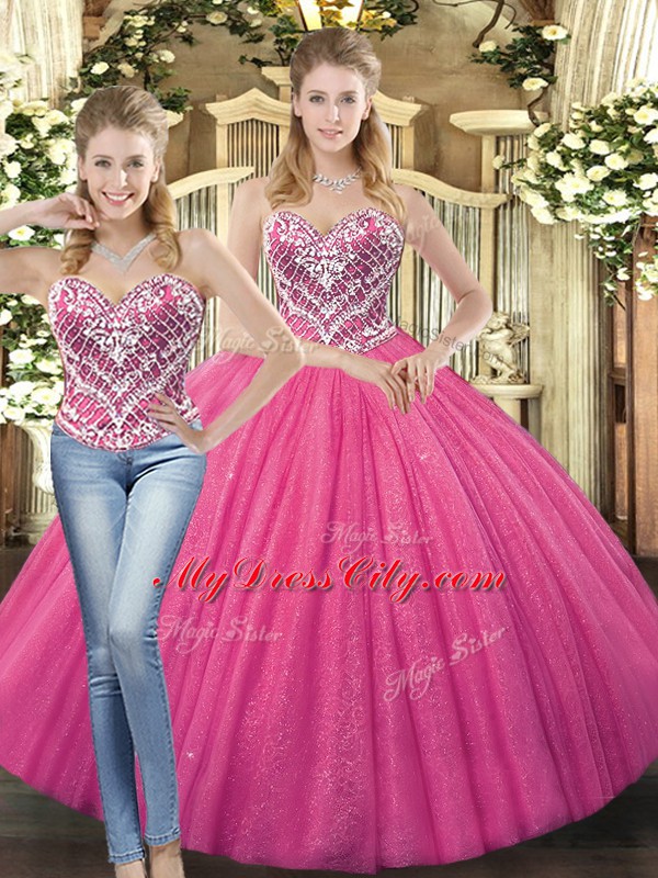 Charming Sleeveless Floor Length Beading Lace Up Quince Ball Gowns with Hot Pink