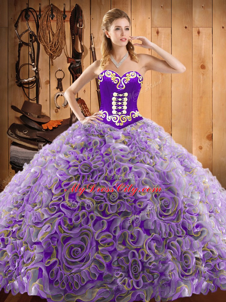 High Quality Sweetheart Sleeveless Satin and Fabric With Rolling Flowers Quinceanera Dresses Embroidery Sweep Train Lace Up