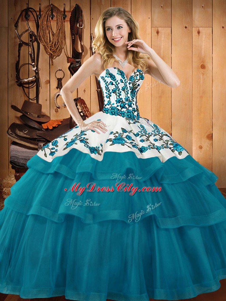 Embroidery Quince Ball Gowns Teal Lace Up Sleeveless Sweep Train