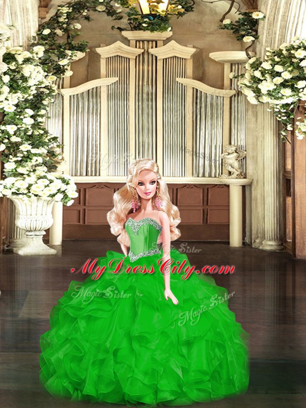 Sweetheart Sleeveless Sweet 16 Dress Floor Length Ruffles Green Organza