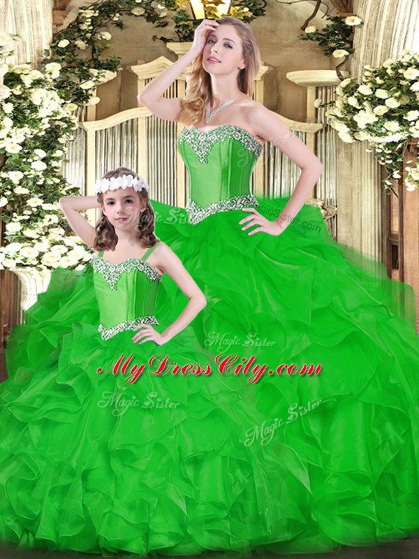 Sweetheart Sleeveless Sweet 16 Dress Floor Length Ruffles Green Organza