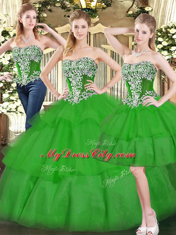 High Class Floor Length Green 15th Birthday Dress Organza Sleeveless Beading and Ruffled Layers