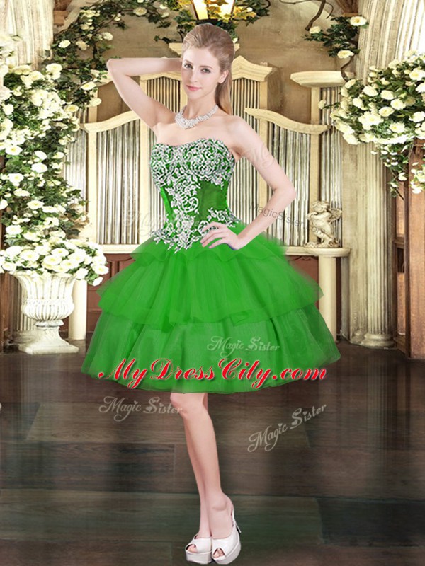 High Class Floor Length Green 15th Birthday Dress Organza Sleeveless Beading and Ruffled Layers