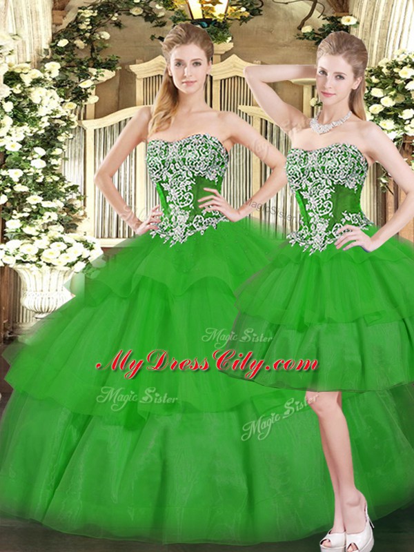 High Class Floor Length Green 15th Birthday Dress Organza Sleeveless Beading and Ruffled Layers