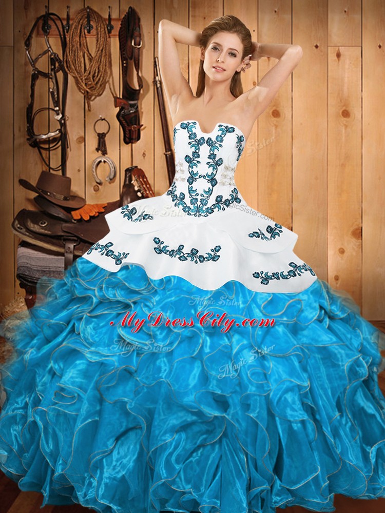 Sleeveless Floor Length Embroidery and Ruffles Lace Up Quinceanera Gown with Teal