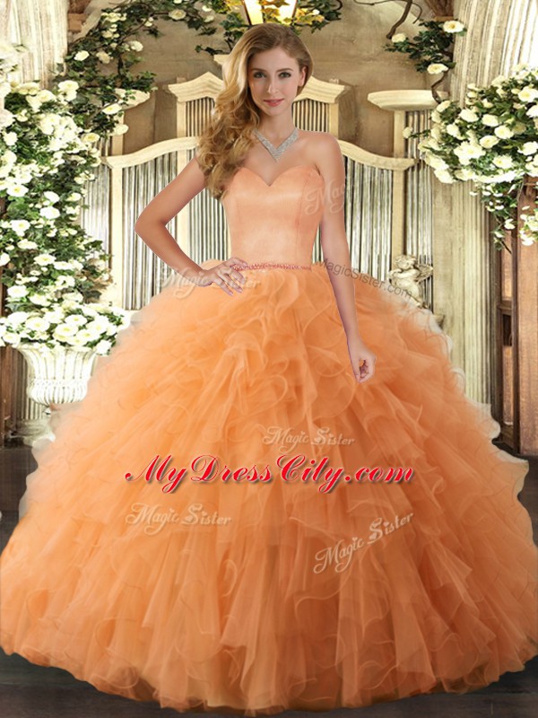 Luxury Orange Lace Up Sweetheart Ruffles Quince Ball Gowns Tulle Sleeveless