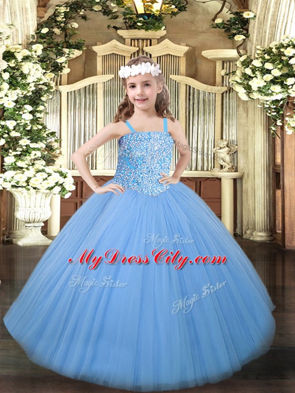 Straps Sleeveless Lace Up Little Girls Pageant Gowns Baby Blue Tulle