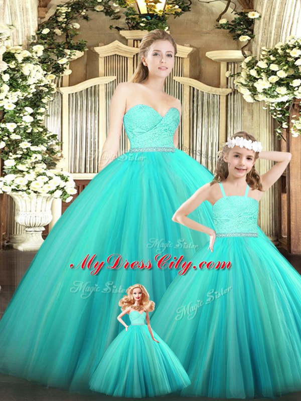 Sweetheart Sleeveless Sweet 16 Dresses Floor Length Beading and Lace Turquoise Tulle