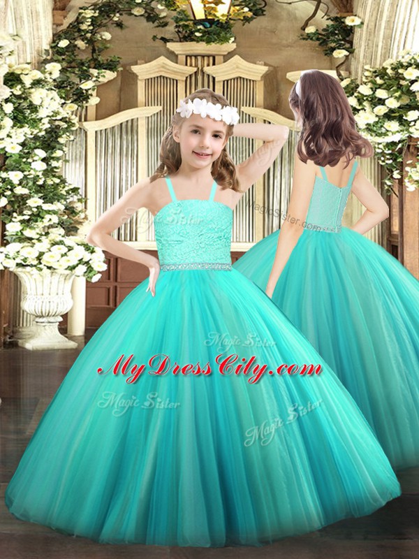 Sweetheart Sleeveless Sweet 16 Dresses Floor Length Beading and Lace Turquoise Tulle