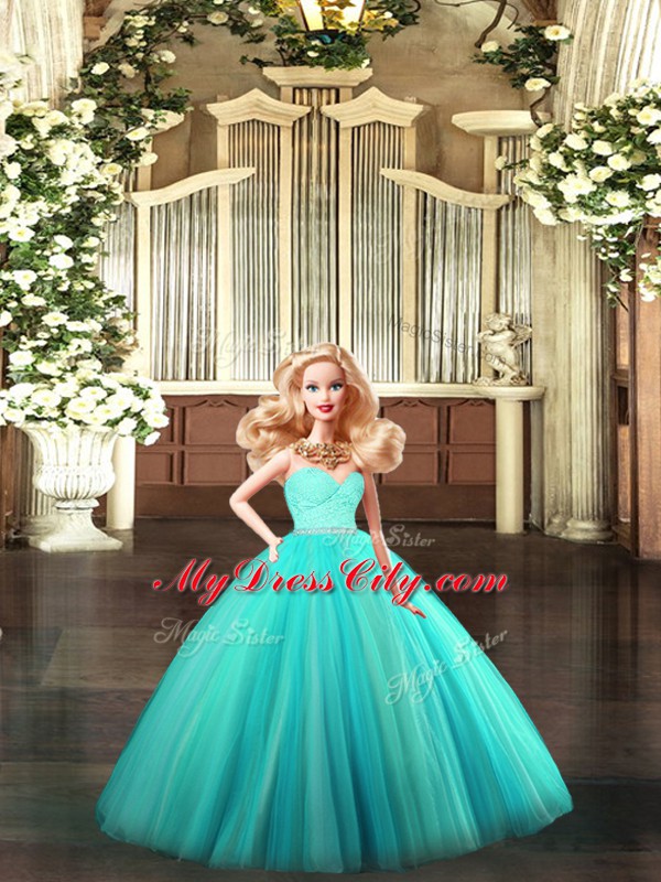 Sweetheart Sleeveless Sweet 16 Dresses Floor Length Beading and Lace Turquoise Tulle