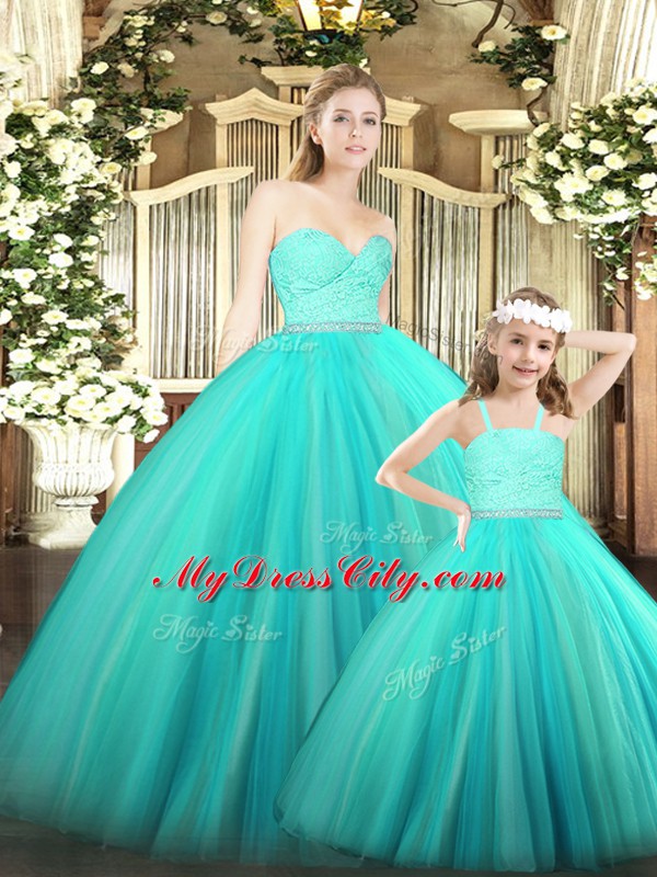 Sweetheart Sleeveless Sweet 16 Dresses Floor Length Beading and Lace Turquoise Tulle