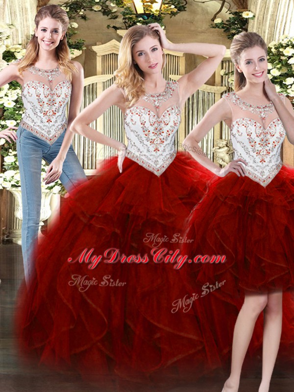 Top Selling Floor Length Wine Red Ball Gown Prom Dress Tulle Sleeveless Beading and Ruffles