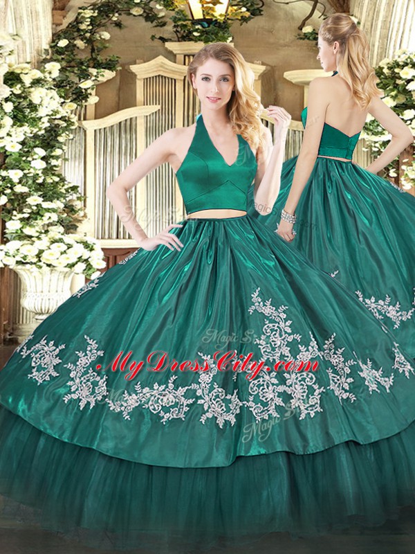 Dark Green Two Pieces Halter Top Sleeveless Taffeta Floor Length Zipper Appliques Sweet 16 Quinceanera Dress