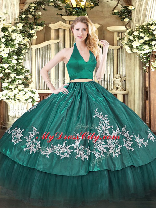 Dark Green Two Pieces Halter Top Sleeveless Taffeta Floor Length Zipper Appliques Sweet 16 Quinceanera Dress