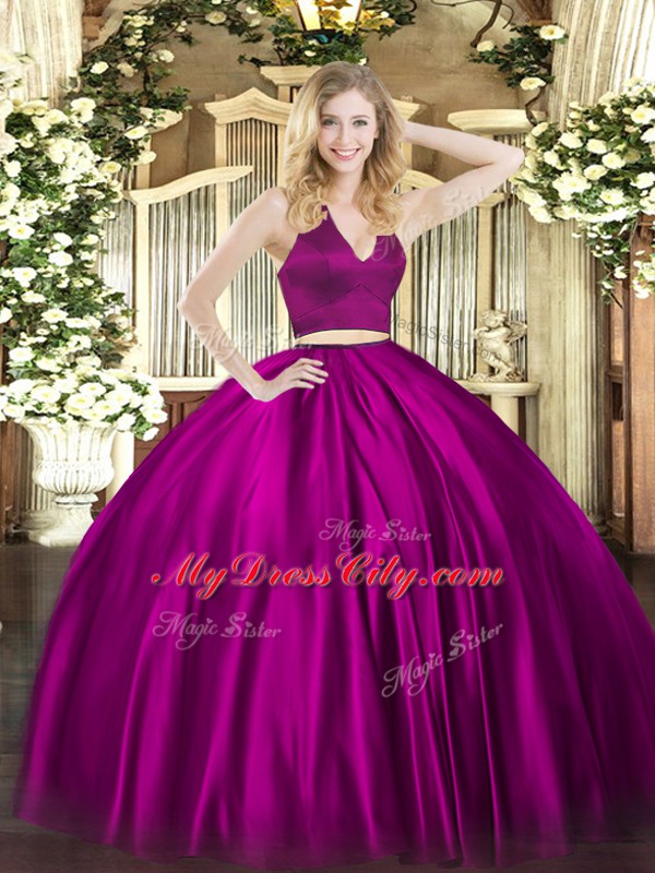 High Class Fuchsia Vestidos de Quinceanera Military Ball and Sweet 16 and Quinceanera with Ruching Halter Top Sleeveless Zipper