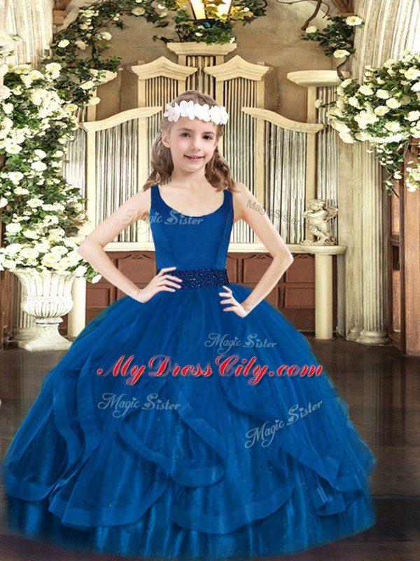 Admirable Royal Blue Zipper Scoop Beading and Ruffles Little Girl Pageant Dress Tulle Sleeveless