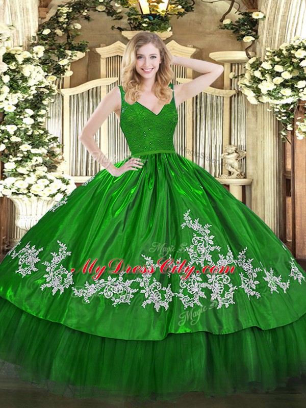 Floor Length Backless 15 Quinceanera Dress Green for Military Ball and Sweet 16 and Quinceanera with Beading and Lace and Appliques