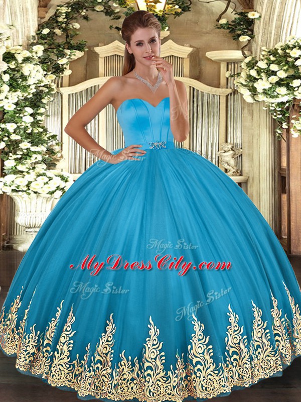 Fabulous Baby Blue Tulle Lace Up Sweetheart Sleeveless Floor Length Quinceanera Gowns Appliques