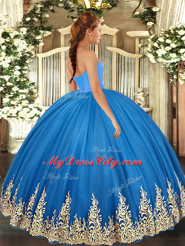 Fabulous Baby Blue Tulle Lace Up Sweetheart Sleeveless Floor Length Quinceanera Gowns Appliques