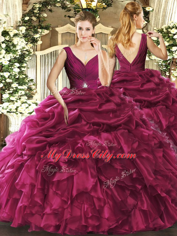 Modest Organza V-neck Sleeveless Backless Beading and Ruffles Quince Ball Gowns in Burgundy