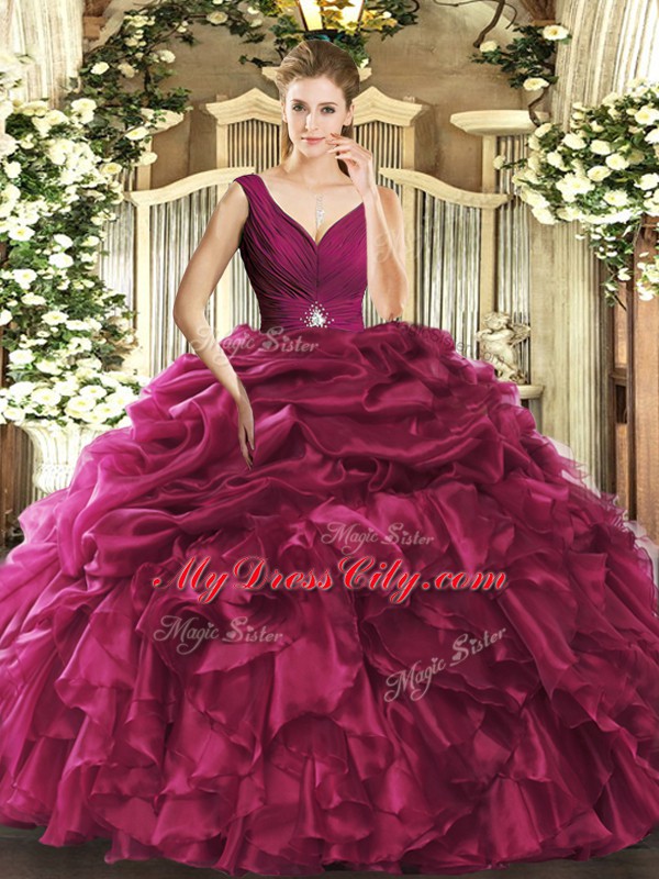 Modest Organza V-neck Sleeveless Backless Beading and Ruffles Quince Ball Gowns in Burgundy