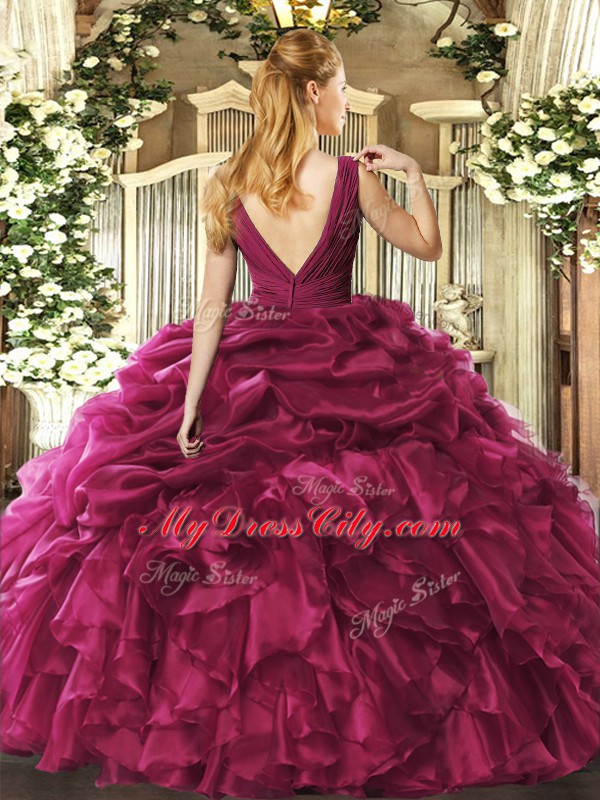 Modest Organza V-neck Sleeveless Backless Beading and Ruffles Quince Ball Gowns in Burgundy