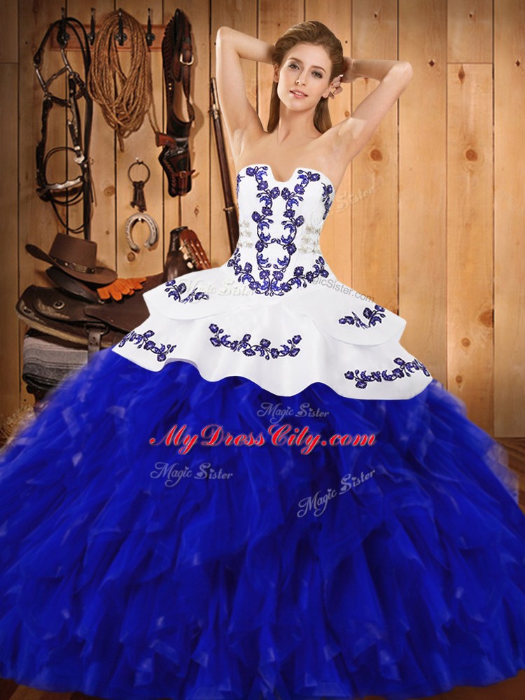 Floor Length Lace Up 15 Quinceanera Dress Blue And White for Military Ball and Sweet 16 and Quinceanera with Embroidery and Ruffles