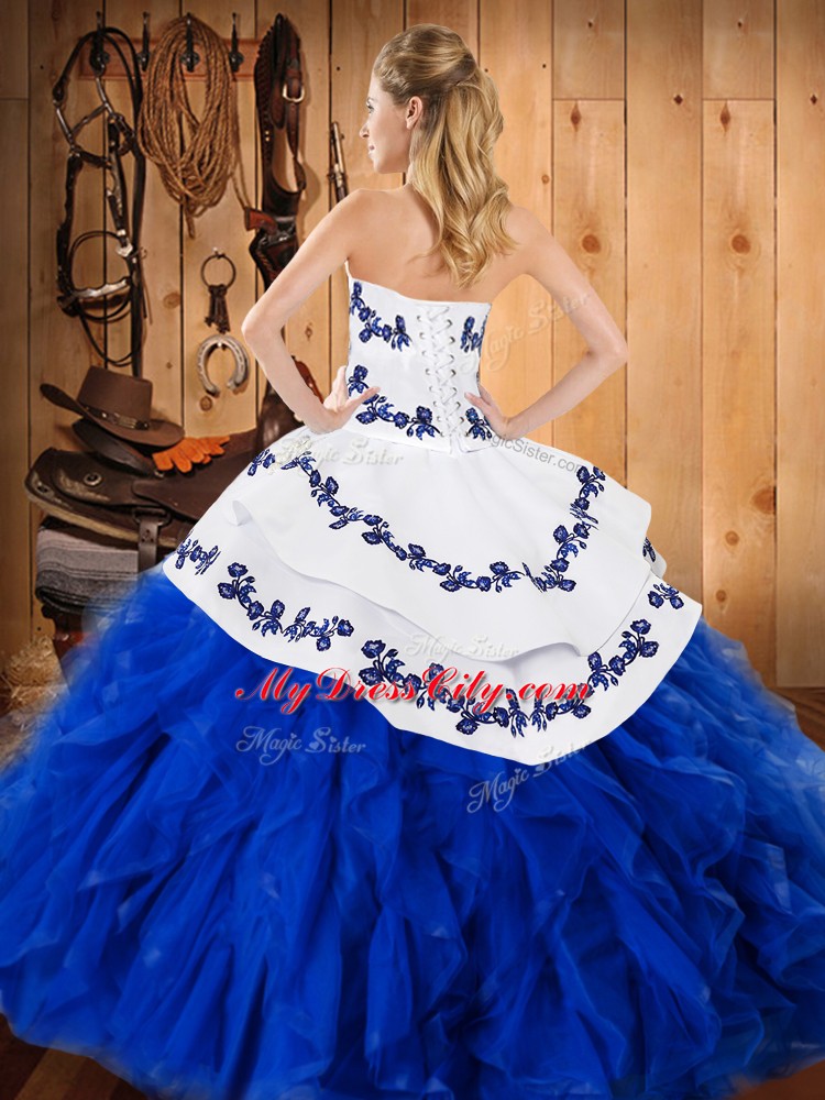 Floor Length Lace Up 15 Quinceanera Dress Blue And White for Military Ball and Sweet 16 and Quinceanera with Embroidery and Ruffles