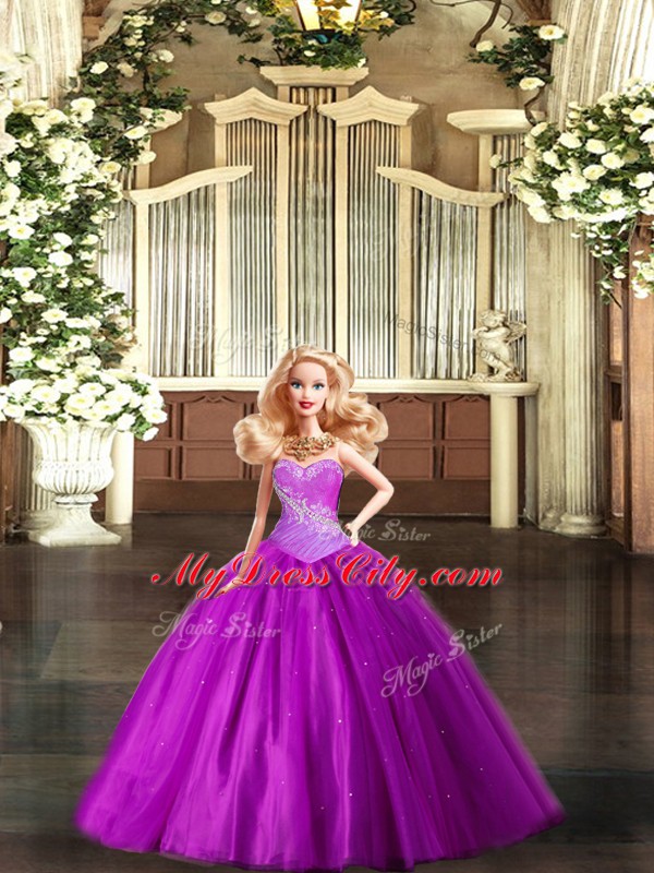 Pretty Purple Sleeveless Beading and Ruching Floor Length Sweet 16 Dresses