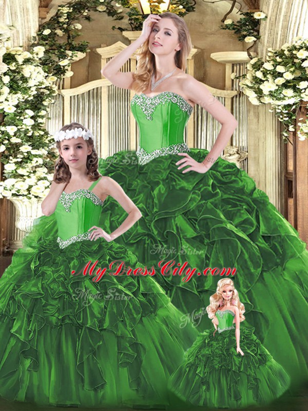 Excellent Green Ball Gowns Beading and Ruffles Ball Gown Prom Dress Lace Up Organza Sleeveless Floor Length