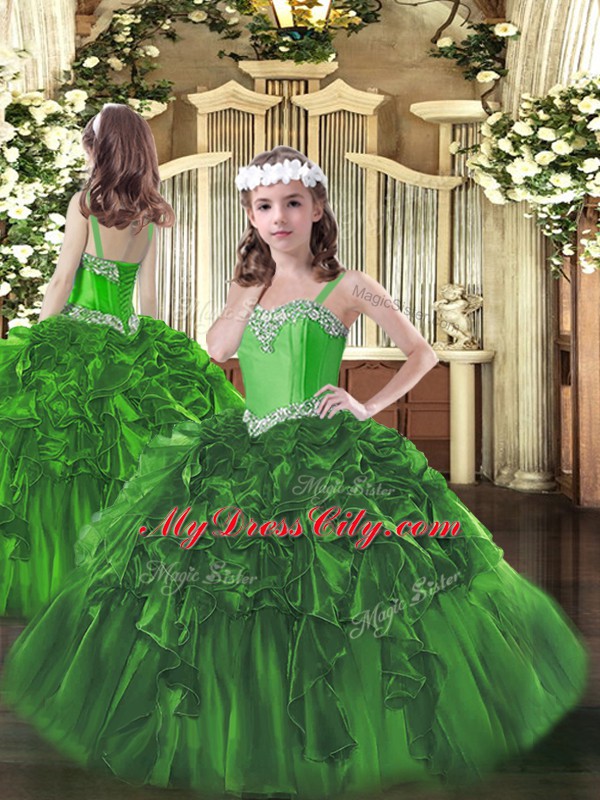 Excellent Green Ball Gowns Beading and Ruffles Ball Gown Prom Dress Lace Up Organza Sleeveless Floor Length