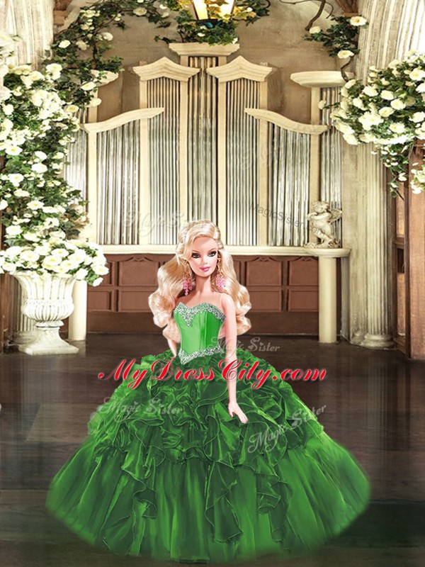 Excellent Green Ball Gowns Beading and Ruffles Ball Gown Prom Dress Lace Up Organza Sleeveless Floor Length