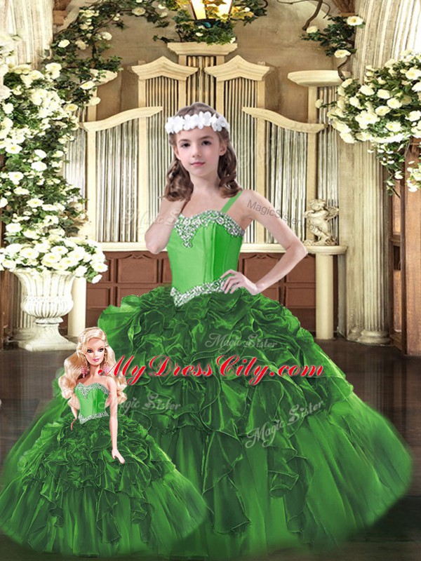 Excellent Green Ball Gowns Beading and Ruffles Ball Gown Prom Dress Lace Up Organza Sleeveless Floor Length