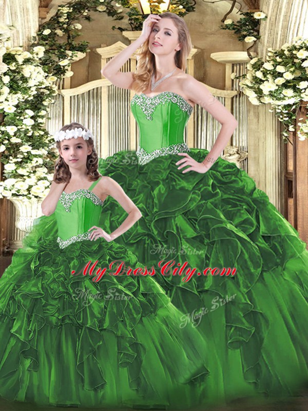 Excellent Green Ball Gowns Beading and Ruffles Ball Gown Prom Dress Lace Up Organza Sleeveless Floor Length